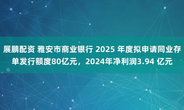 展鵬配资 雅安市商业银行 2025 年度拟申请同业存单发行额度80亿元，2024年净利润3.94 亿元